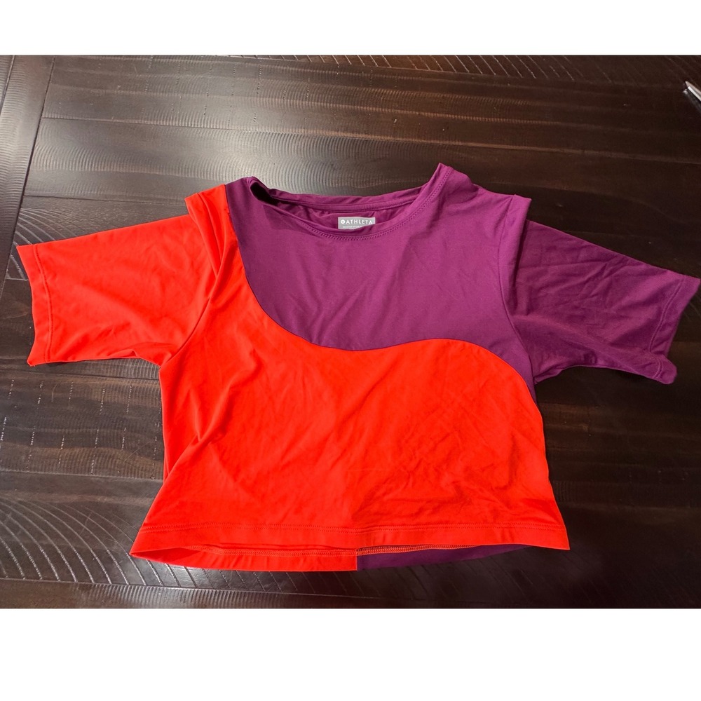 Athleta Womens Colorblock Crop Top Orange Purple Short Sleeve Activewear Large